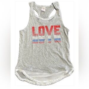 No Boundaries LOVE Graphic Tank Top XS Gray Mesh Trim Racerback